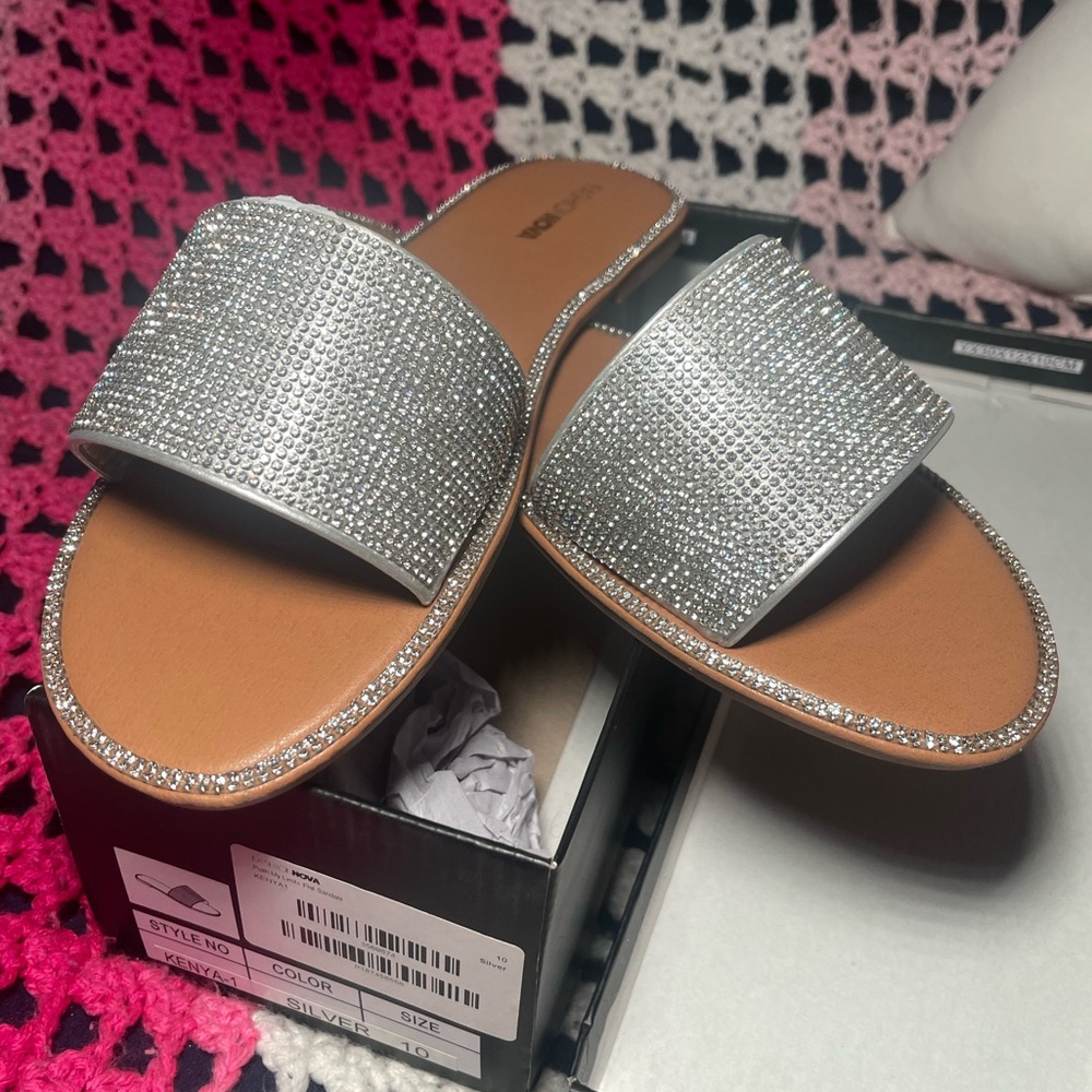 NEW Fashion Nova Silver Crystal Slide Sandals | W 10